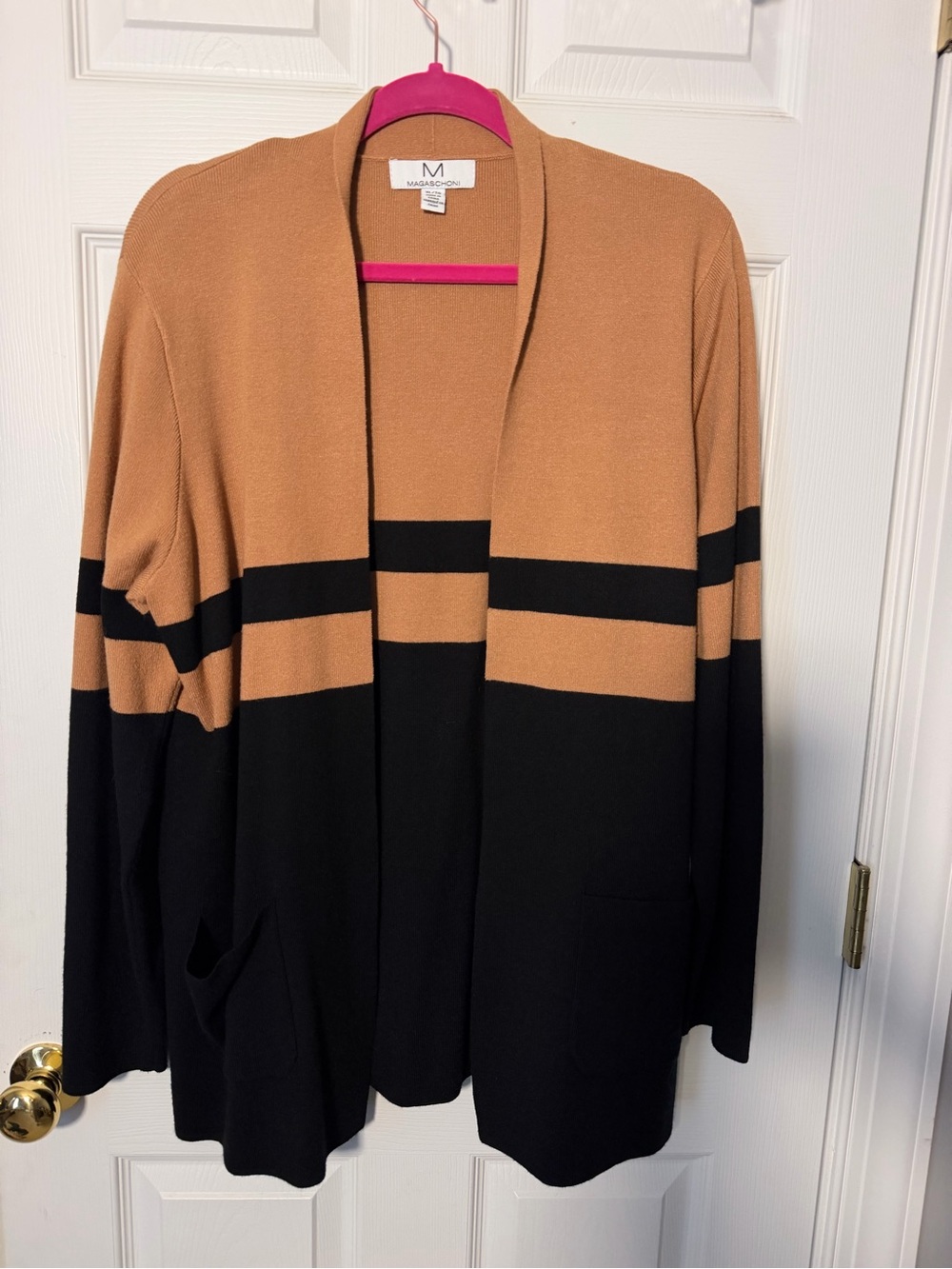 Magaschoni Two-Tone Open Cardigan in Camel and Black
